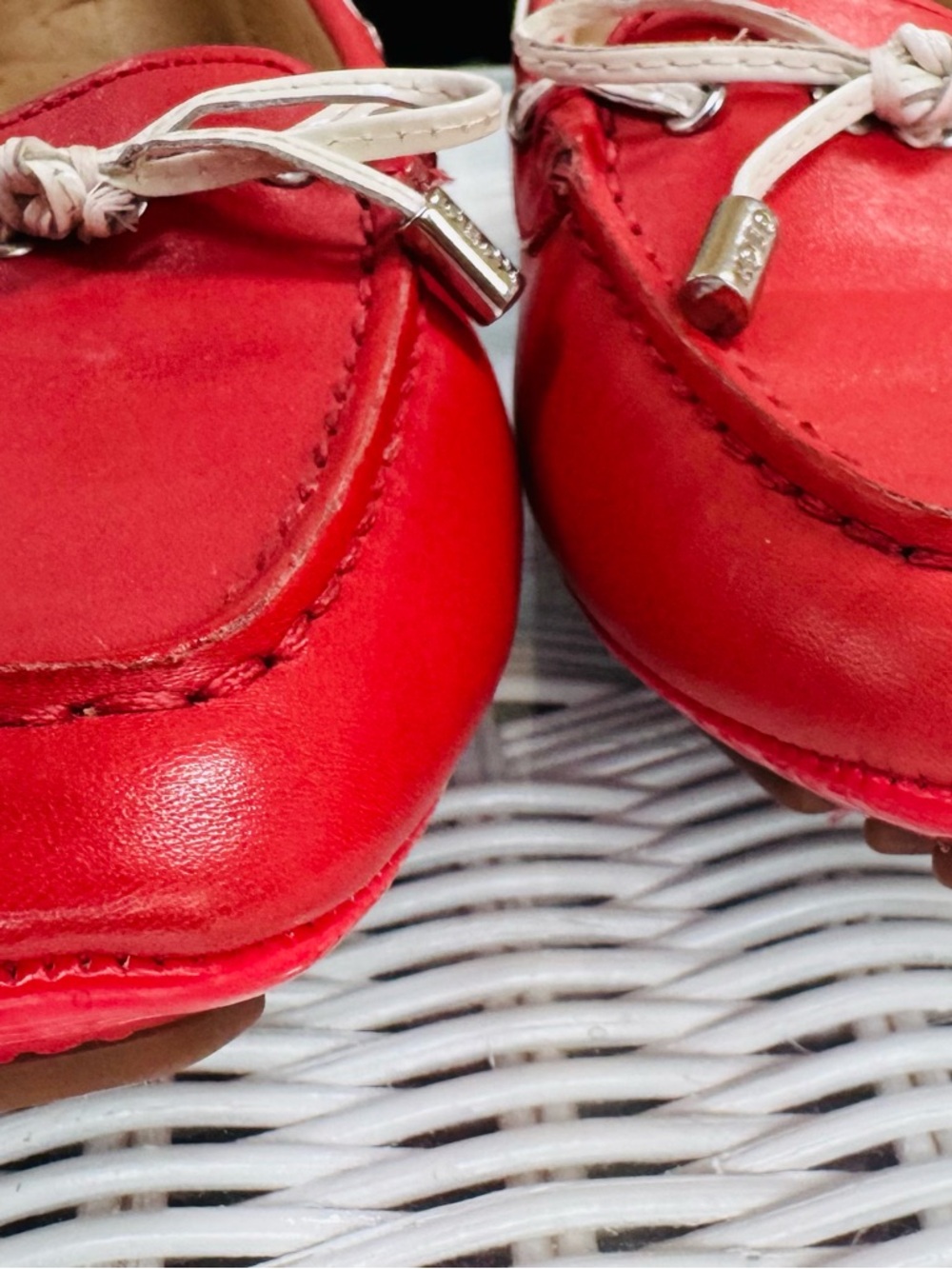 Geox Women’s Red Leather Moccasins with White Bow Accent